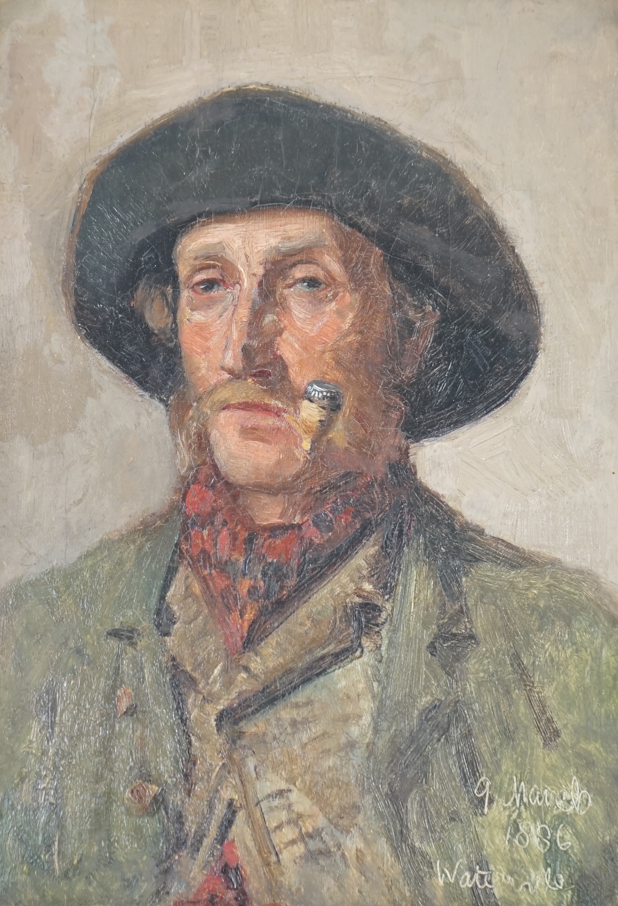 Late 19th century, English School, oil on canvas, Portrait of a man smoking a pipe, dated 9th March 1886, indistinctly inscribed, 24 x 16.5cm. Condition - fair to good
